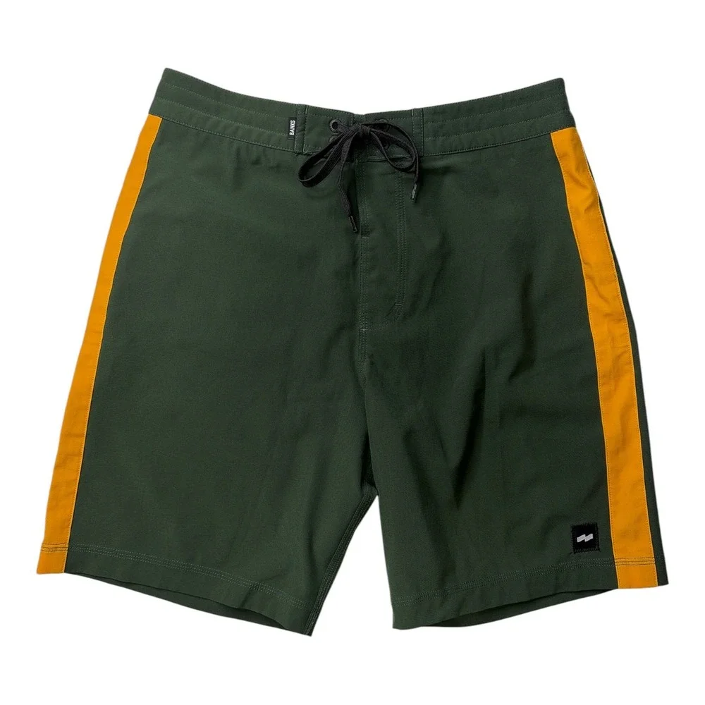 Banks Journal Mens Forest Green Yellow Stripe Board Shorts Swim Trunks Size 28